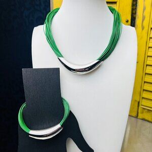 Emma Skye DSMK Stainless Steel and Green Leather Necklace and Bracelet Set